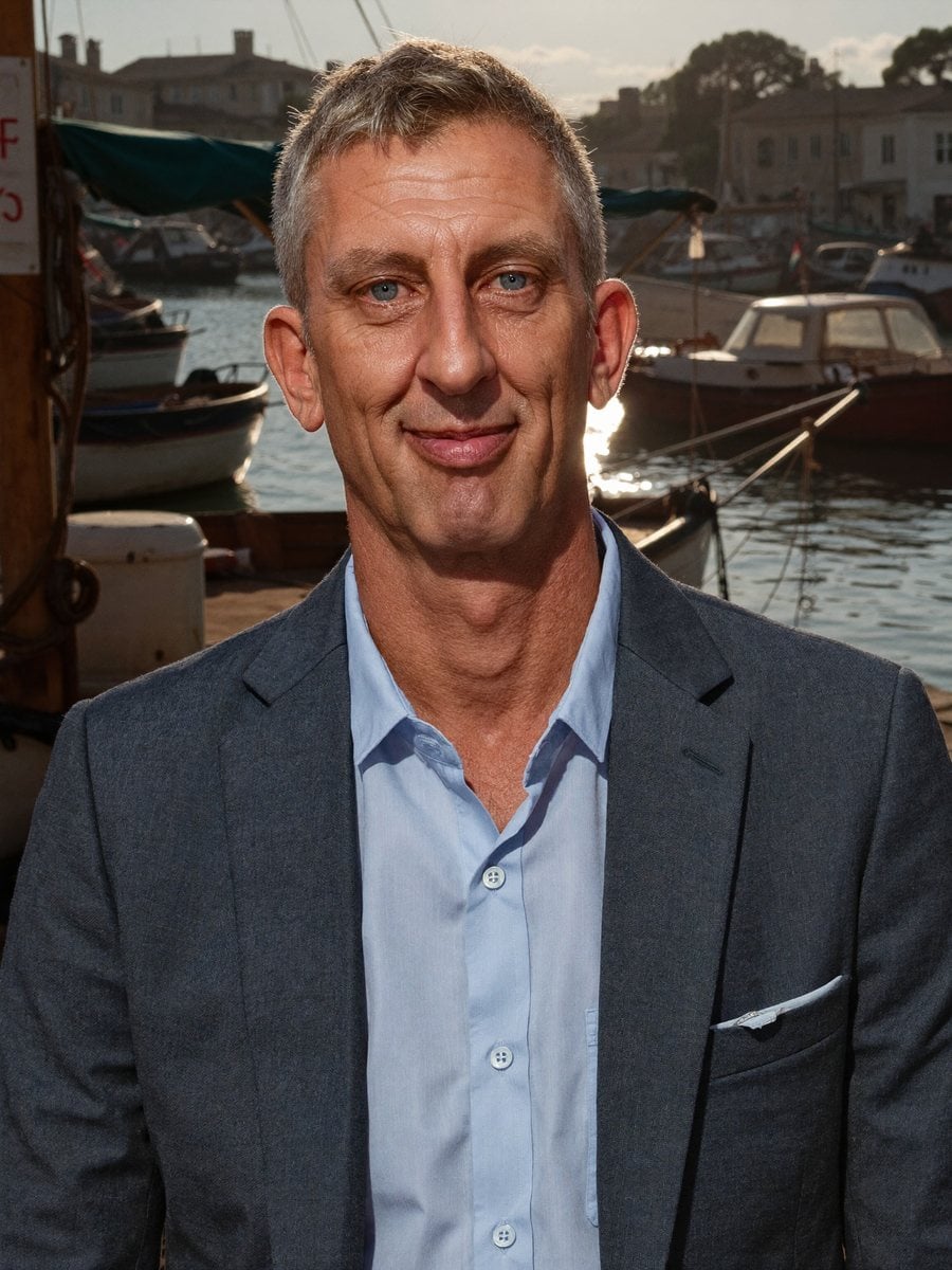 Nick Hall photographed on a harbour front in late afternoon light