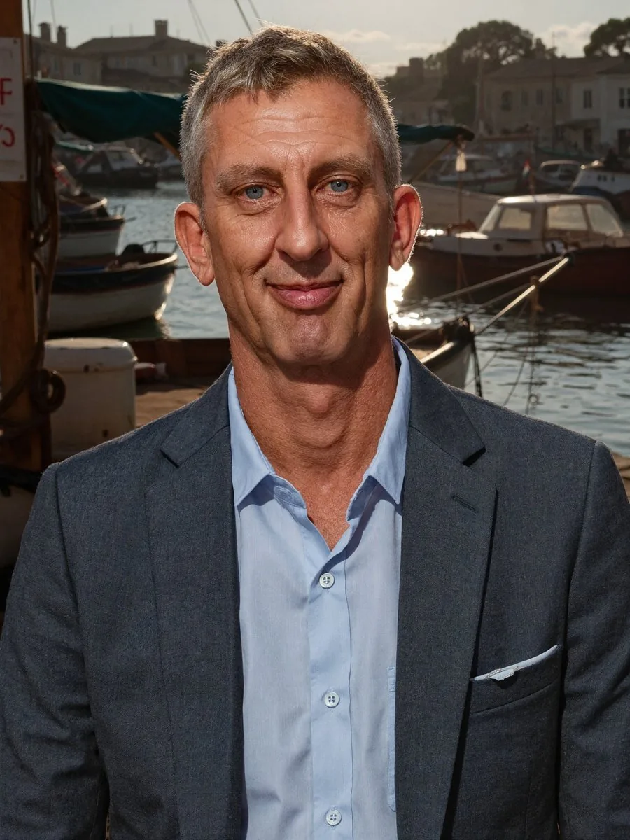 Nick Hall photographed on a harbour front in late afternoon light