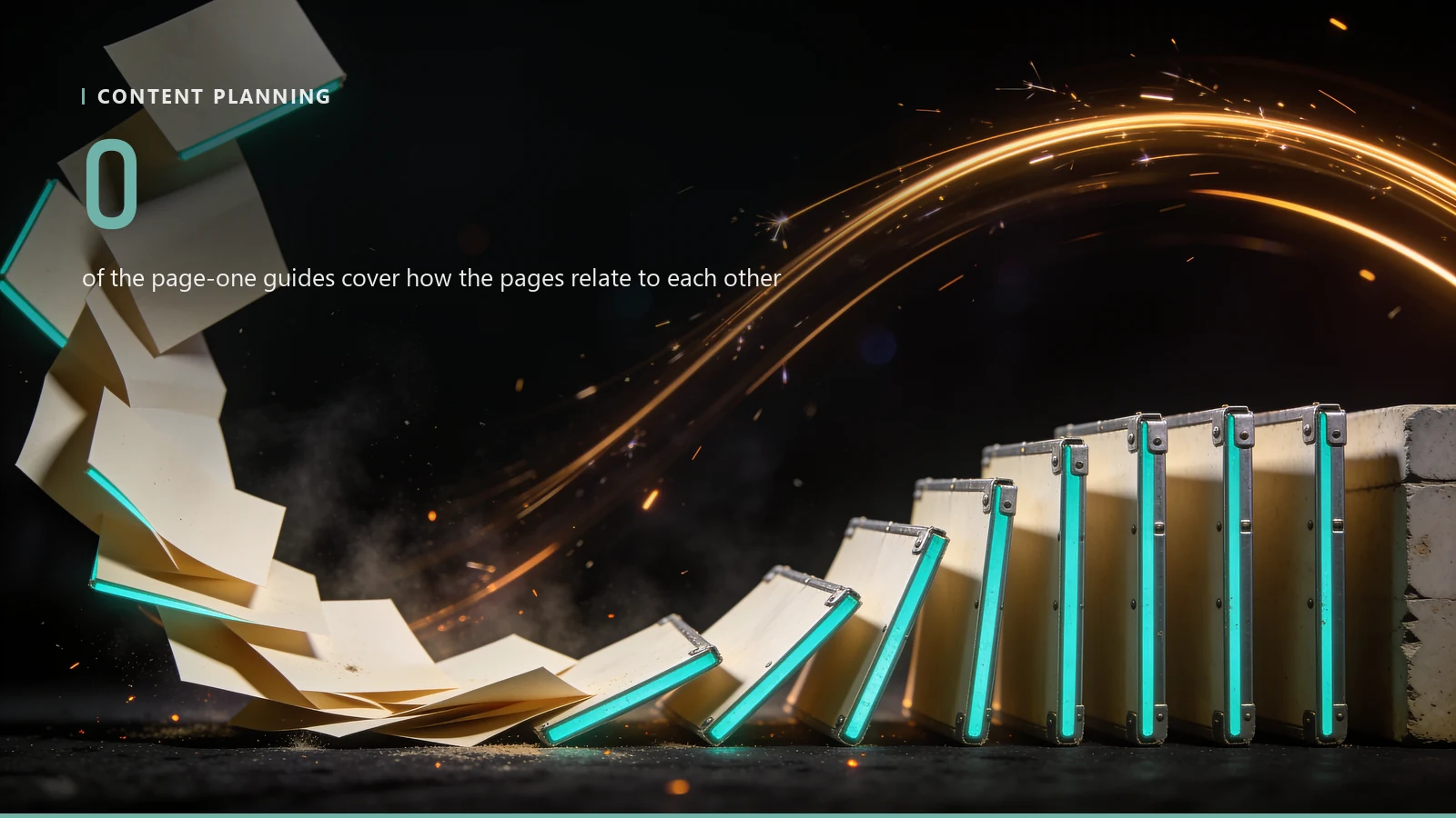 Loose sheets of paper tumbling through dark air on the left and falling into a precisely ordered row on the right, the image for an article on how to build a content calendar