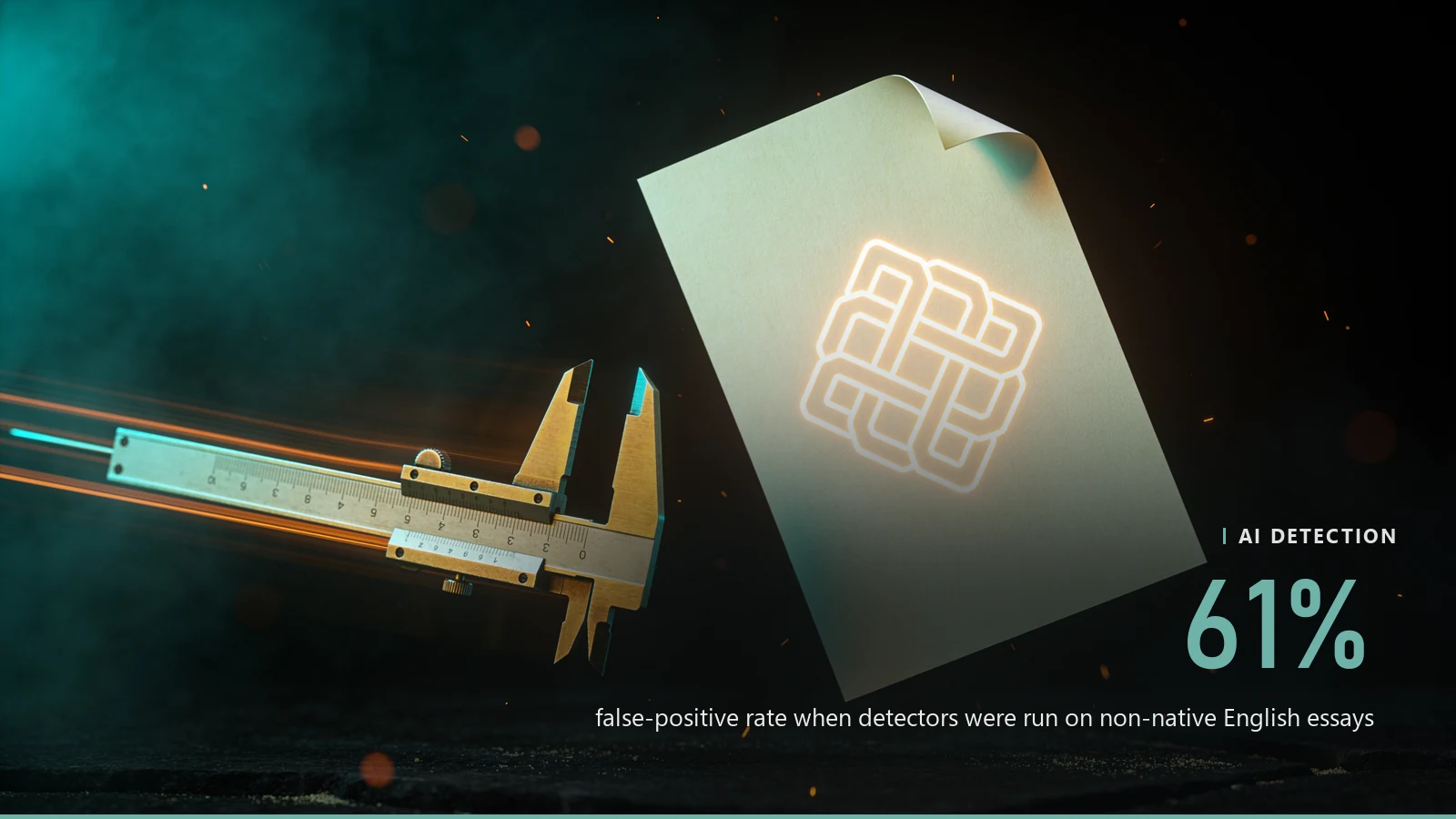 A backlit sheet of cream paper hanging in dark air with an abstract watermark glowing through its fibre, and a measuring caliper tumbling past with its jaws closed on nothing, the image for an article on how to beat AI detectors