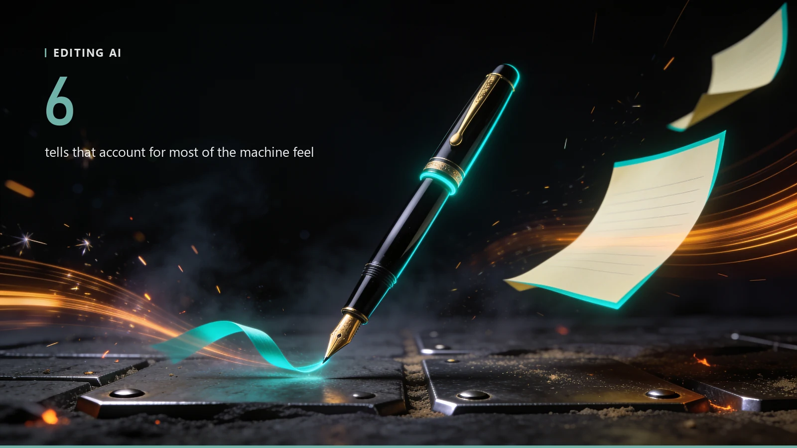 A fountain pen caught mid-air trailing a ribbon of light that resolves into a row of blank sheets, the image for an article on how to edit AI content