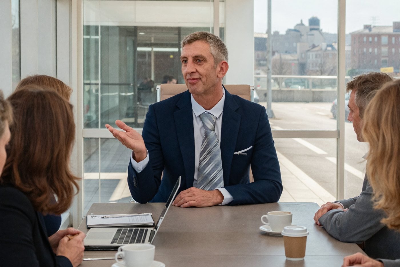 Nick Hall leading a meeting from the head of a boardroom table